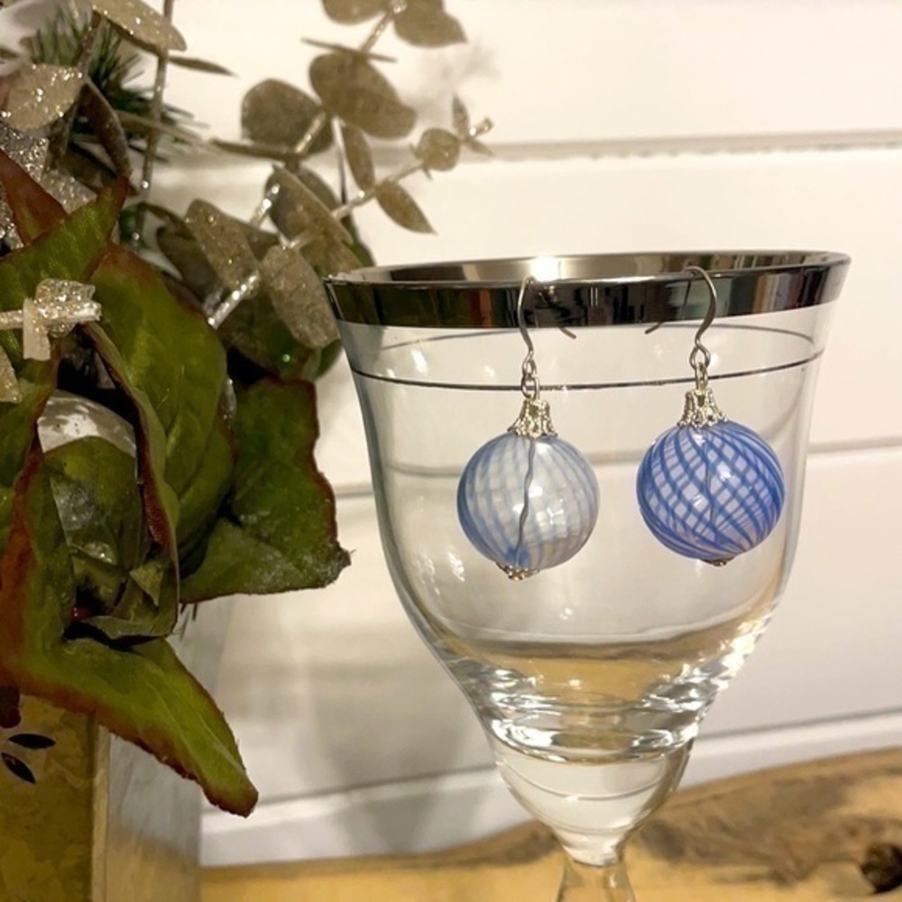 $10 SALE Handmade Blue Swirl Glass Ornament Earrings Asymmetric Whimsy